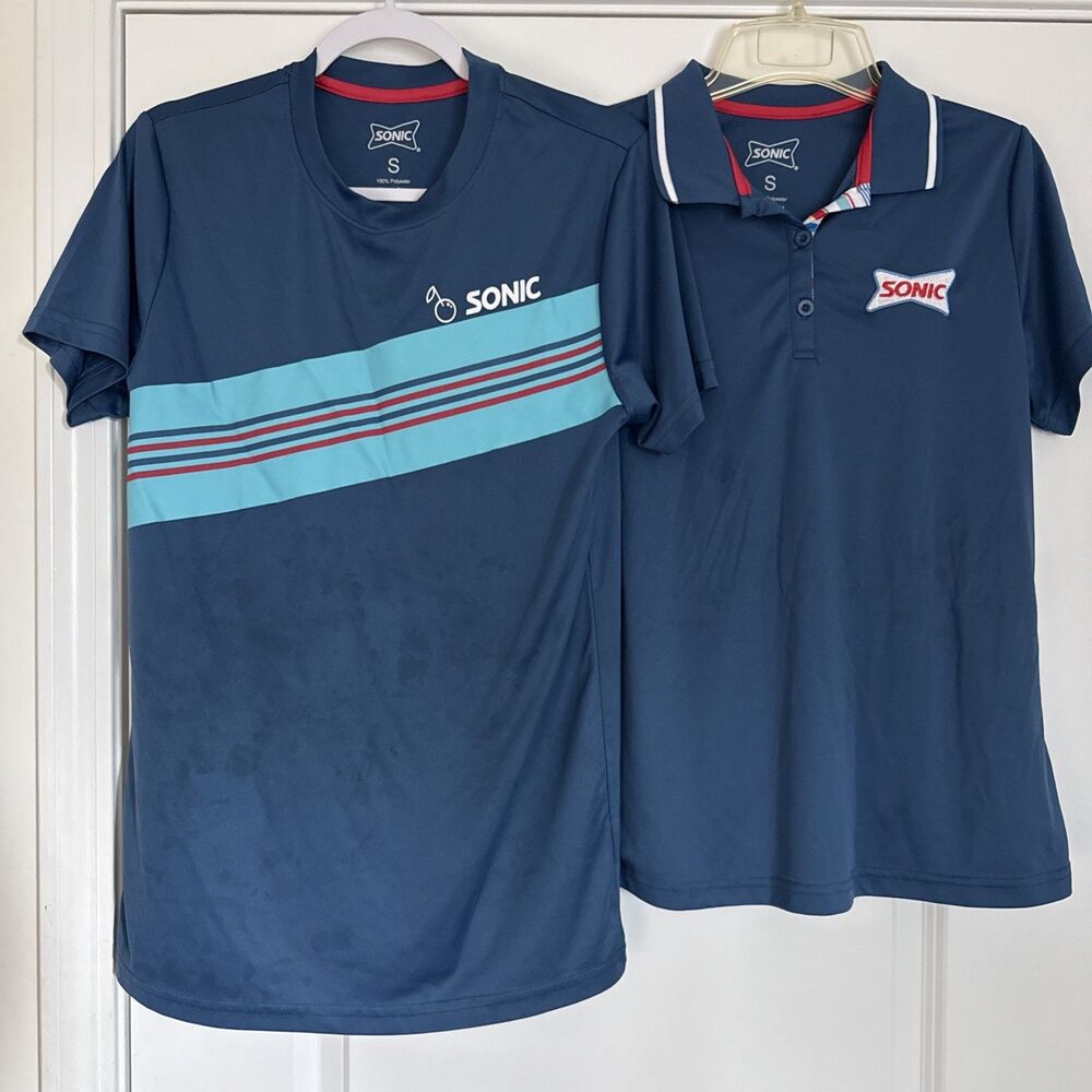 Lot of 2 Sonic Blue Short Sleeve Employee Uniform SMALL Shirts FLAWS